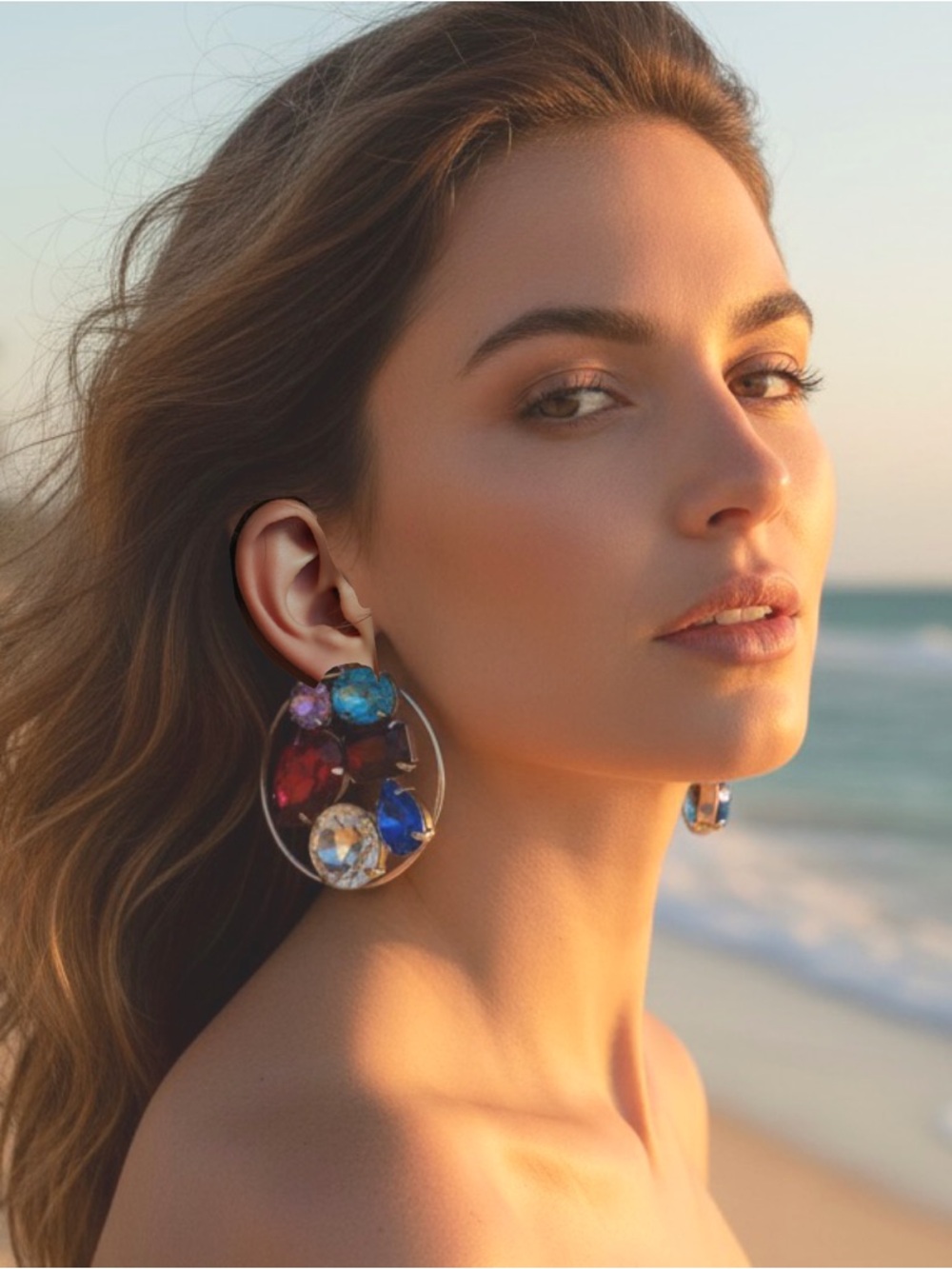 Vintage Hoop Earrings Large Multicolor Gem Stones Fashion 80s Gawdy Jewelry